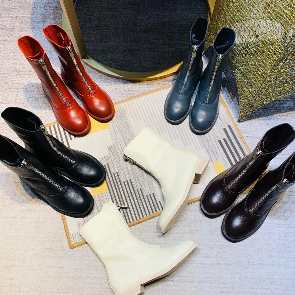 

Women Boots Autumn Genuine Leather Zip Mid-Calf Plats Shoes Goth Dark Owen Female Sneakers Brand High Street Chelsea Boots