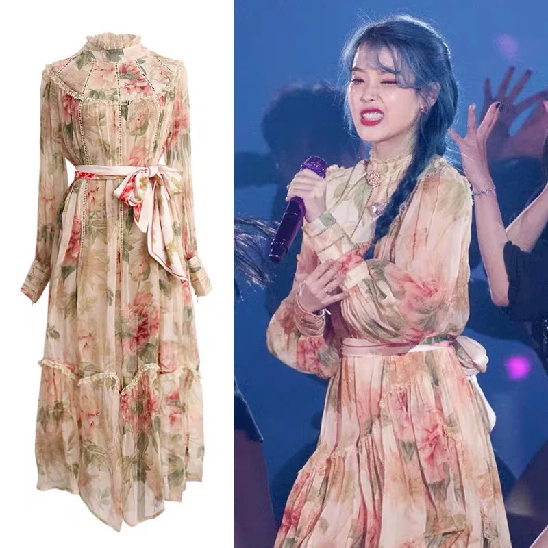 

Женское шифоновое платье Kpop IU Lee Ji Eun, летнее пляжное платье миди с высокой талией, цветочным принтом и длинными рукавами-фонариками