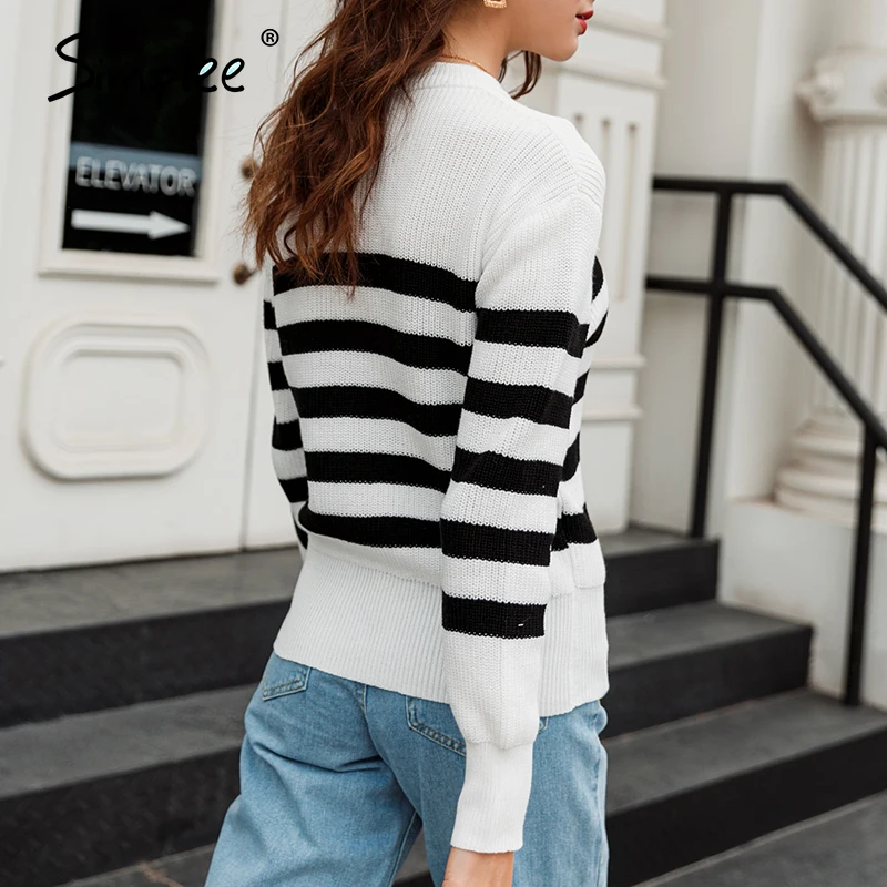 Simplee Fashion black white striped sweater Crew neck loose Long sleeve winter Pullover Casual home style Knitted sweaters 2020 | Женская
