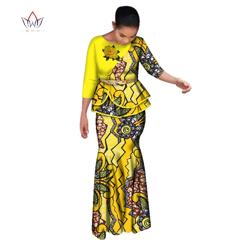 BRW Rose Embroidery Traditional African Skirt Set for Women Dashiki Free Headscarf African Clothes Elegant Party Dress WY2642