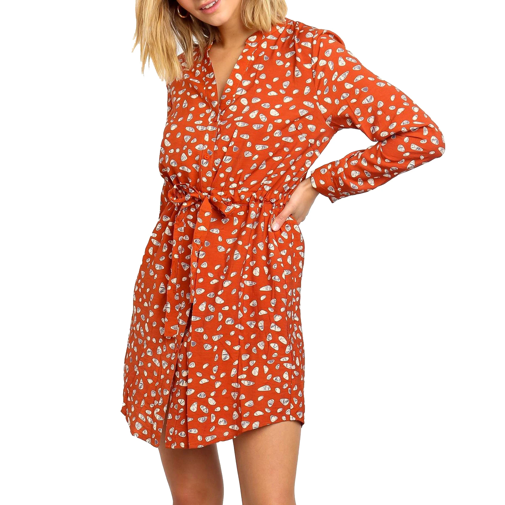 Vintage Chiffon Dress Long Sleeve Bob Style Party V Neck Dot Drawstring A-line Women Office Elegant Clubwear | Женская одежда