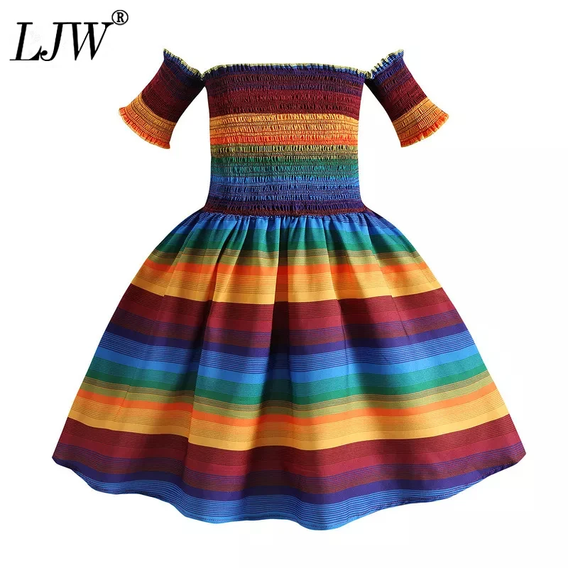 

2021 Girls Dress For Summer New European and American Style Girls Rainbow off-shoulder Pleated Princess Dress