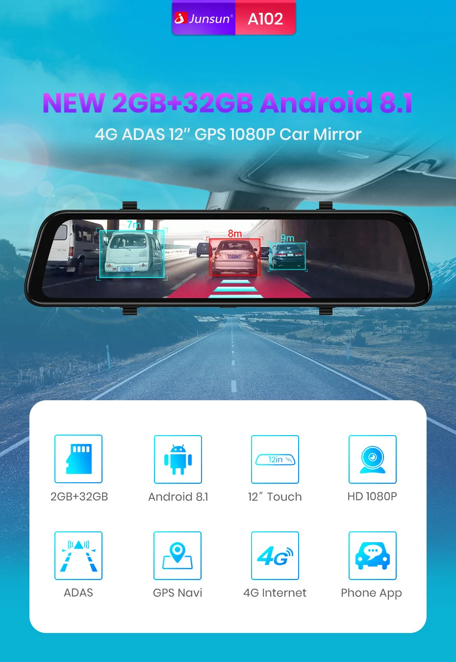 Junsun A102 1" Android 8,1 ADAS 4G 2GB+ 32GB gps навигация 1080P dash cam камера era камера Автомобильный видеорегистратор Автомобильная камера dashcam
