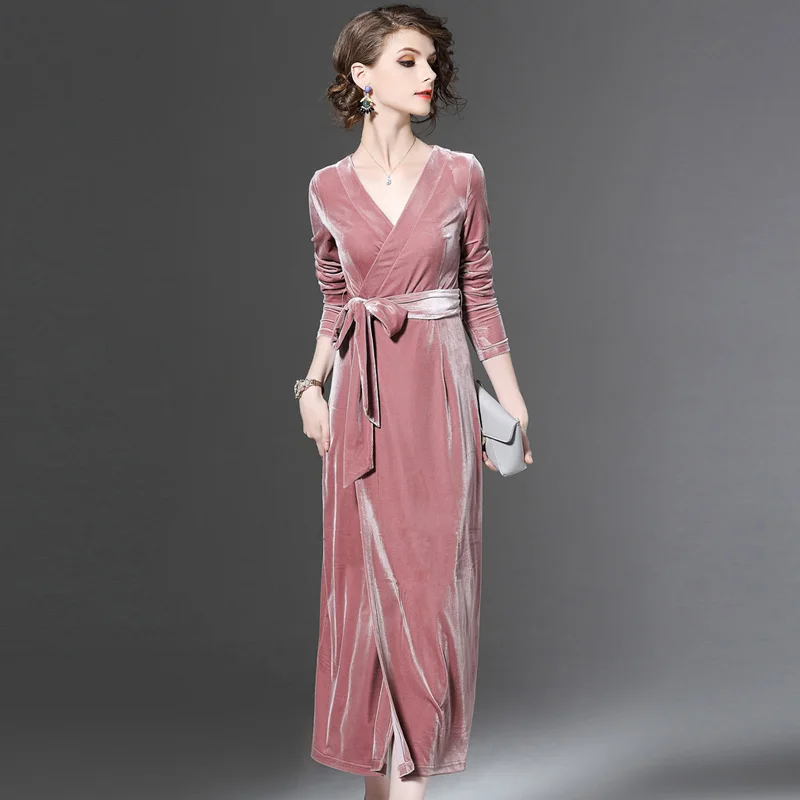 

New Velvet Dress Women Autumn 2021 Sexy Elegant Fashion V-Neck Long Sleeve Empire Waist Vintage Slim Full Dress