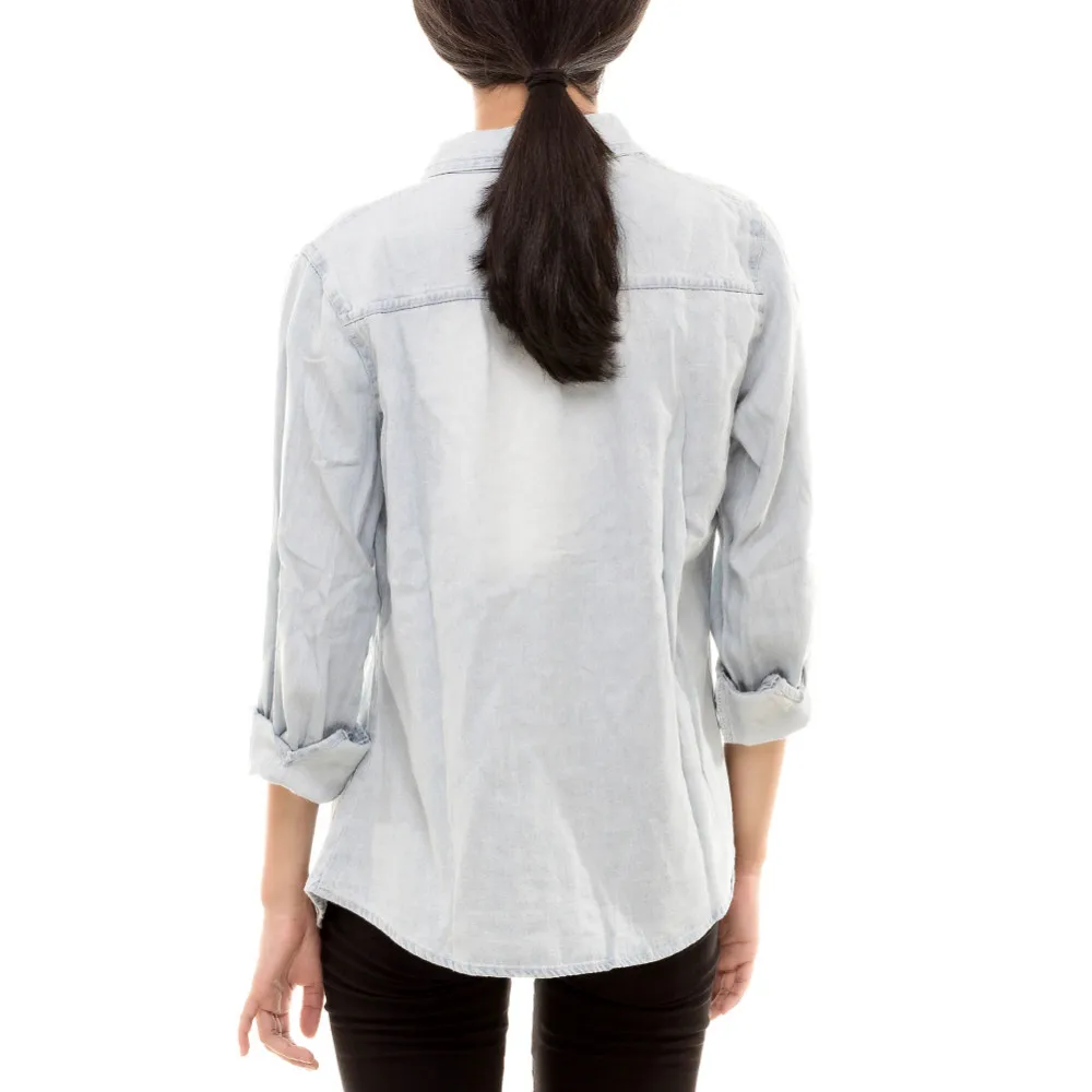 Винтажная женская синяя Джинсовая блузка с длинным рукавом джинсовая рубашка в