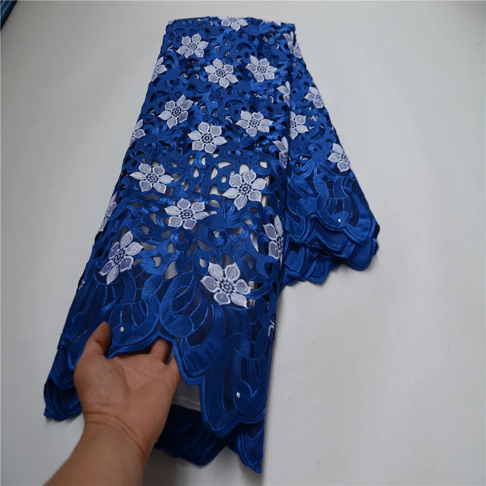 

African Wedding Lace Fabric with Stones, Big Handcut, Blue, Embroidered Voile, 5 Yards, High Quality, New Arrival, PS907