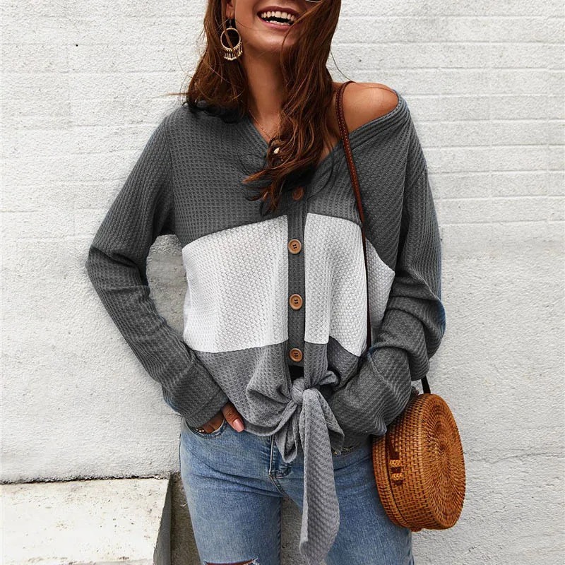 Женская блузка с длинным рукавом Элегантная трикотажная рубашка в стиле пэчворк