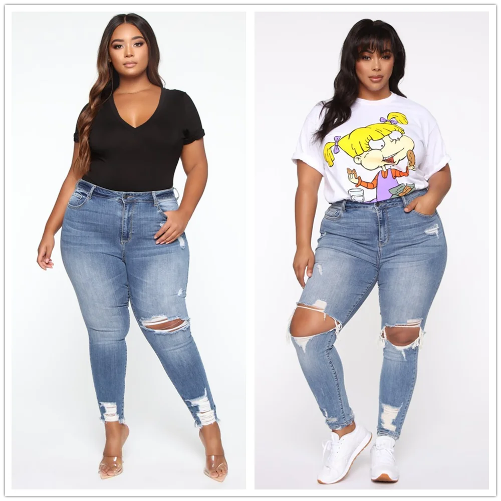 2020 Новинка для женщин размера плюс модные джинсы Рваные узкие джинсовые брюки