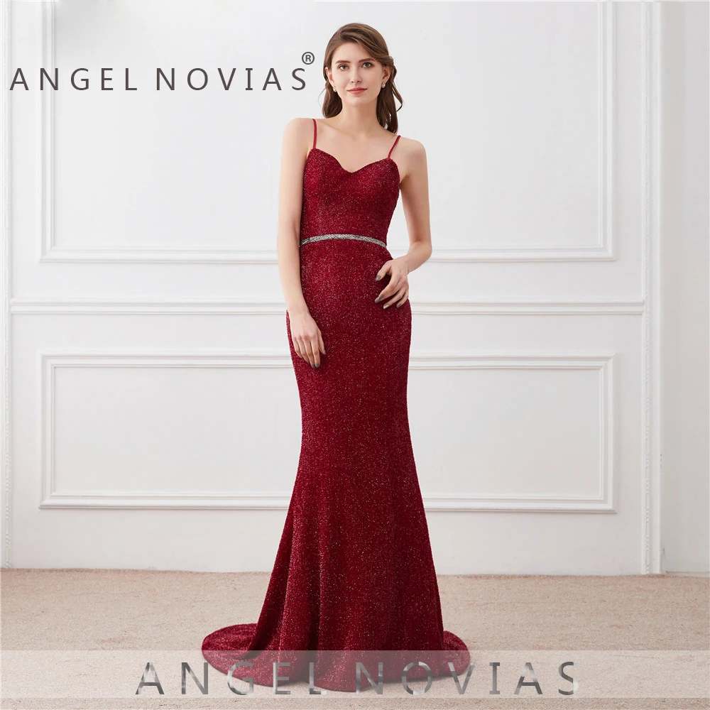 Женское длинное вечернее платье-русалка Бордовое платье на тонких бретельках