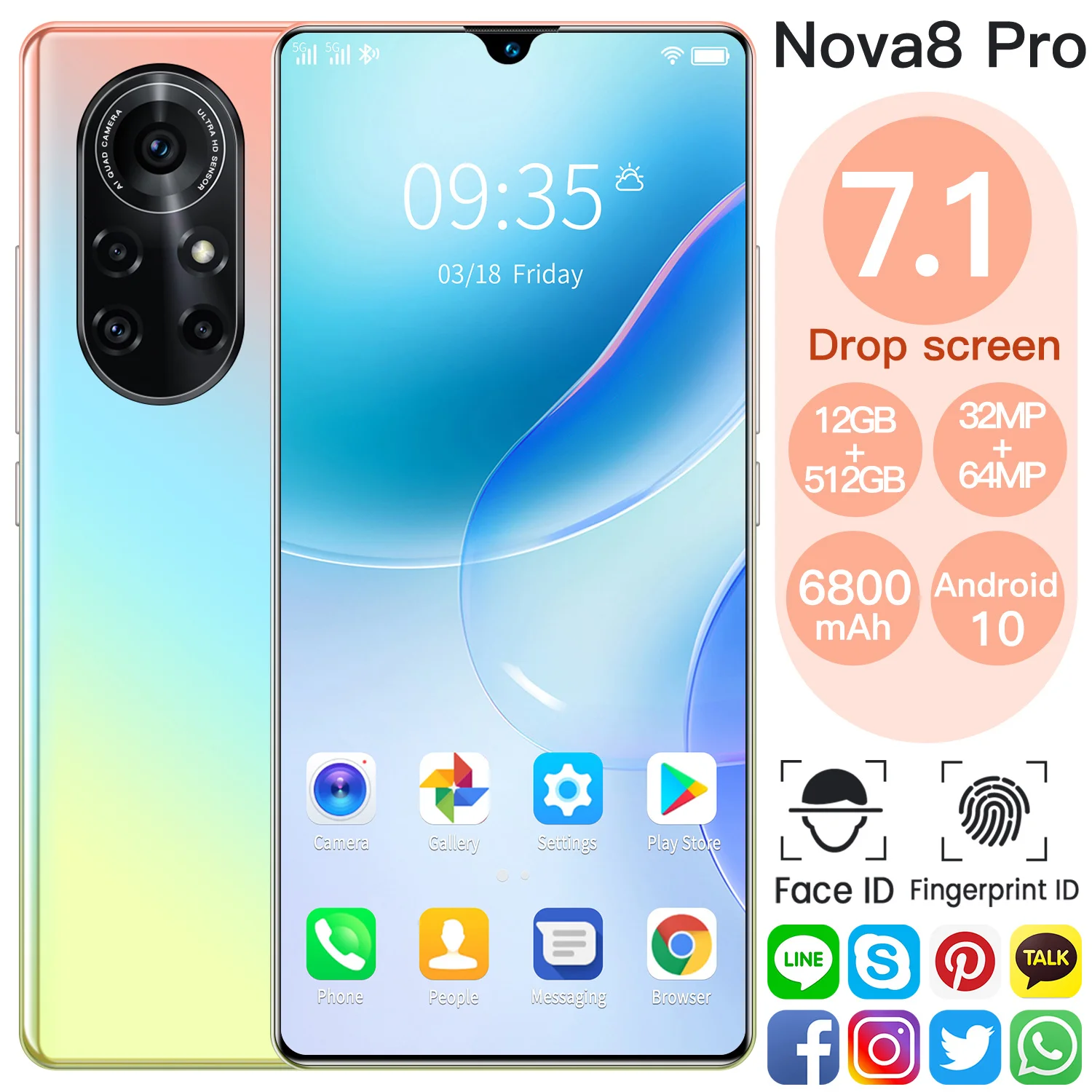 

Hot Sale Nova8 Pro 7.1Inch Smartphone Global Version Android 10 12+512GB 6800mAh 32+64MP HD Full Screen Face Unlock 5G Cellphone