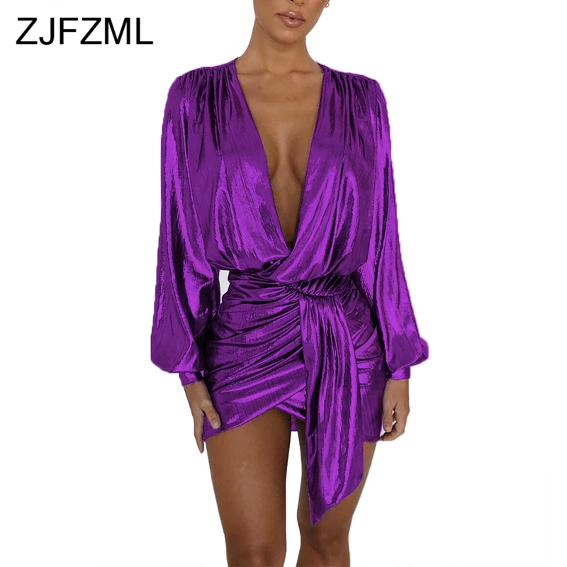 Сексуальное женское платье с длинным рукавом-фонариком и глубоким v-образным вырезом, блестящее металлическое платье для ночного клуба, повседневное женское Плиссированное асимметричное платье Vestidos