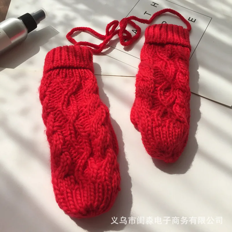 red Женские однотонные шерстяные вязаные перчатки без пальцев на шее, зимние теплые утолщенные женские перчатки, милые варежки - Цвет: red