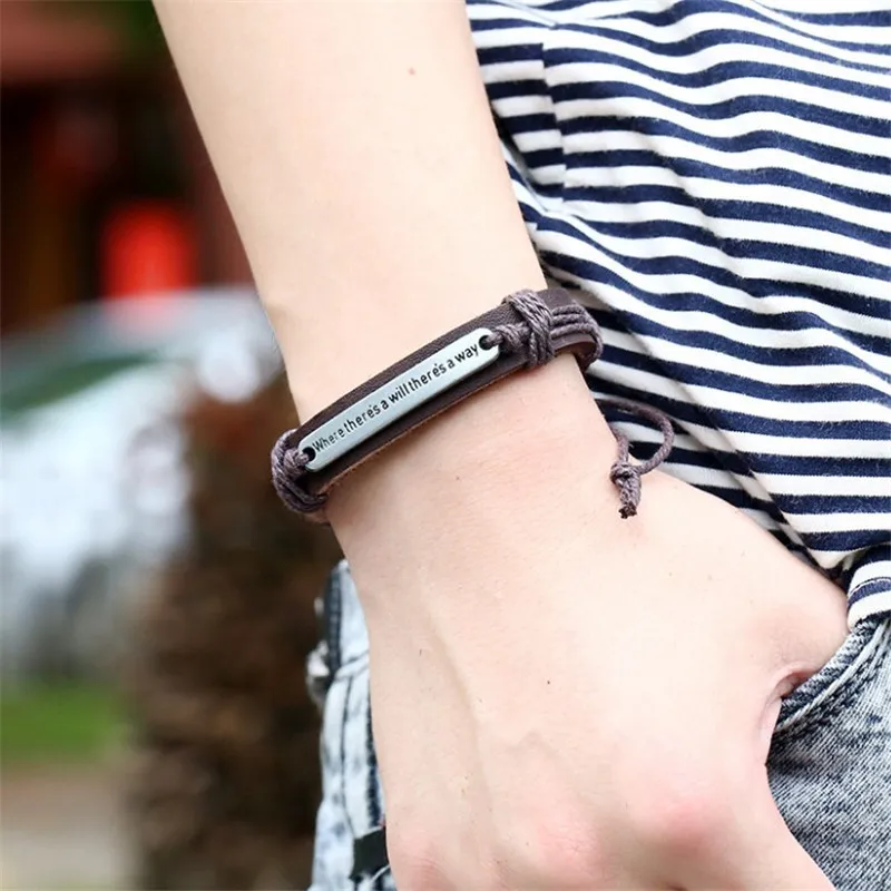 

Bracelet Men Genuine Leather Alloy Motivational Letter Plate Punk Vintage Braided Rope Bracelets For Male ​Female Bracelets Jewe