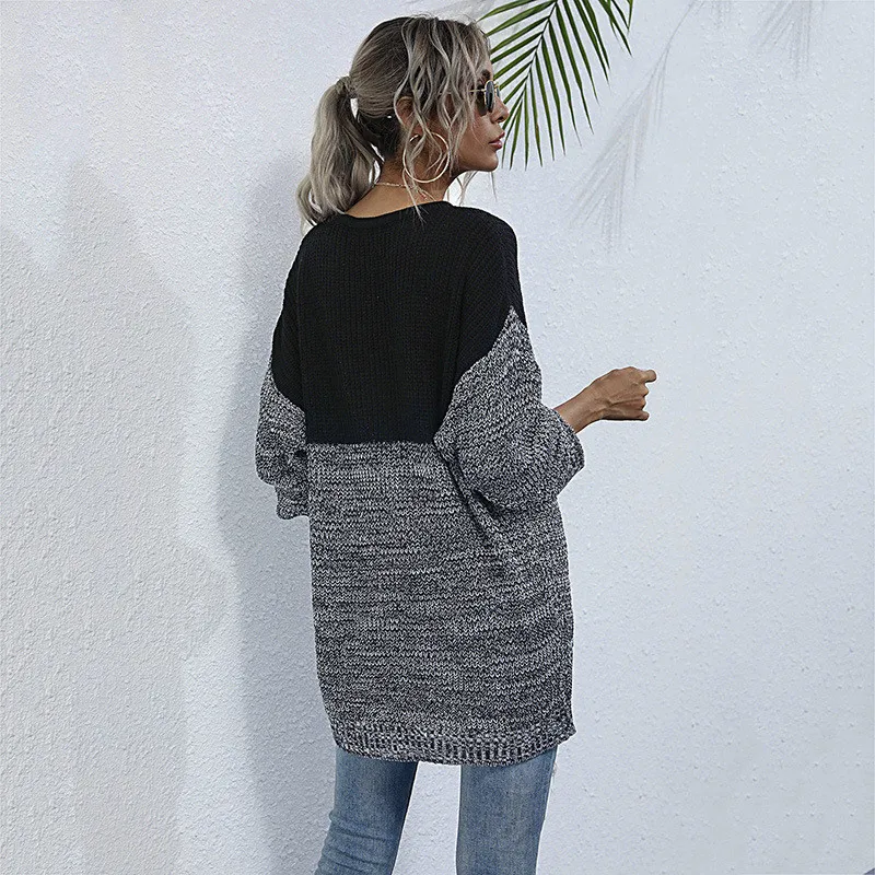 

New Fashion Women Patchwork Sweater 2020 Winter Casual O-neck Lantern Sleeves Loose Sweater