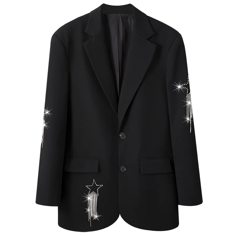 

SuperAen 2021 New Design Tassel Water Drill Chain Solid Balck Notched Suit Jacket Woman Coats
