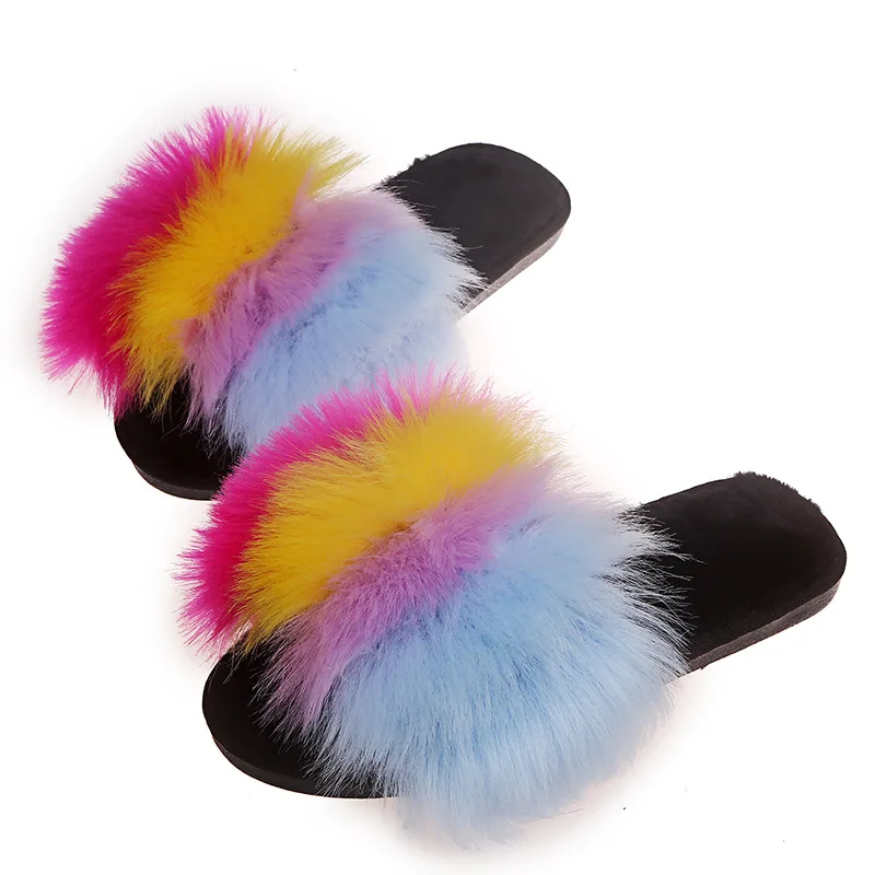 

Rainbow Women Fur Slippers Fluffy Imitation Fur Slippers Women's Outdoor Sandals Woman Amazing Shoes Slippers