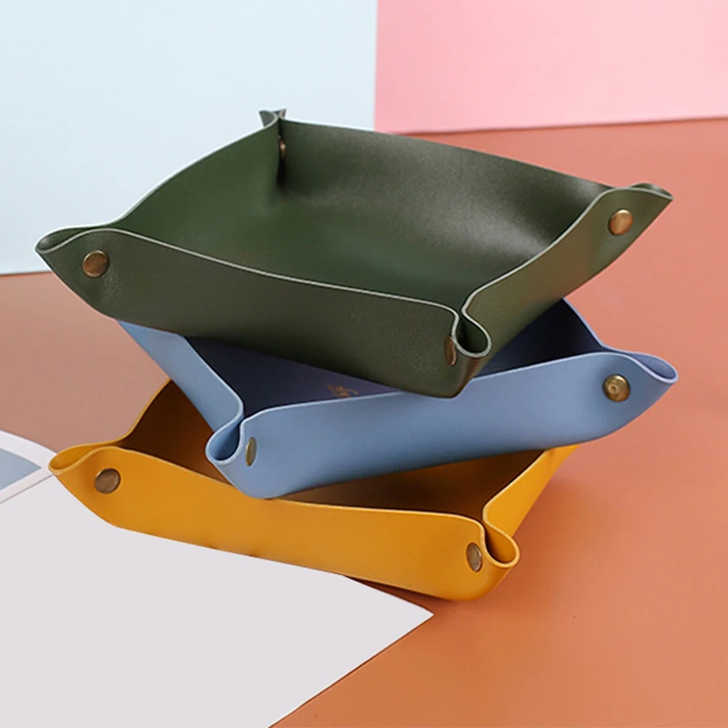 

S/M 10Color Folding Waterproof Antifouling Leather Desktop Storage Tray Key Wallet Remote Control Phone Sundries Decor
