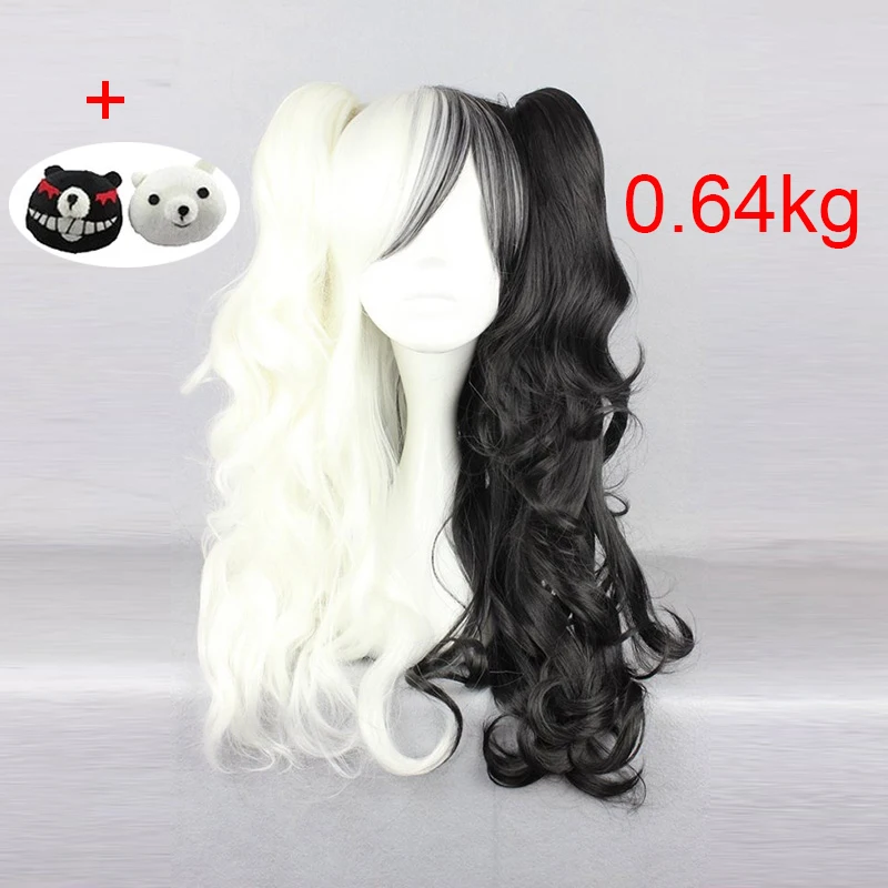 Danganronpa Monokuma Women Long Ponytails Curly Wig Cosplay Costume White Black Mix Heat Resistant Synthetic Hair Wigs + Wig Cap