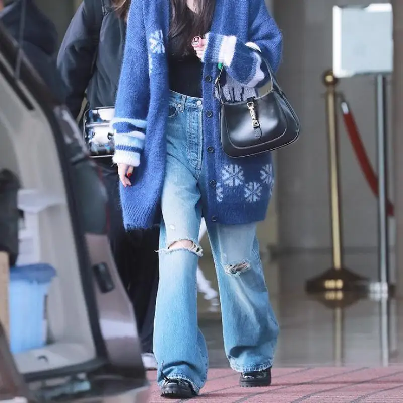 

Spring/summer 2021 Fashion High Street Casual Jeans Women Hole High Wasit Loose Straight Women Jeans