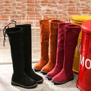 Children Knee-high Casual Flat Boots Soft Stretch Flock Chunky Platform Long Boots Princess Girls Winter Autumn Black Botas
