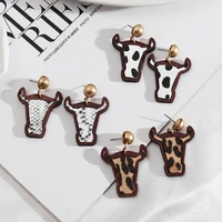 faux leather leopard wooden bezel cow head dangle earrings for women cute bull earrings 2022 handmade jewelry wholesale