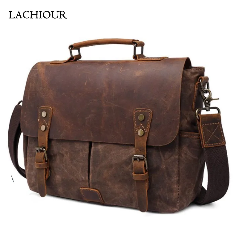 Men Waterproof Handbags Crazy Horse Leather Flap Messenger Bag  14 inch laptop Bag Male Satchels Travel Crossbody Shoulder Bag