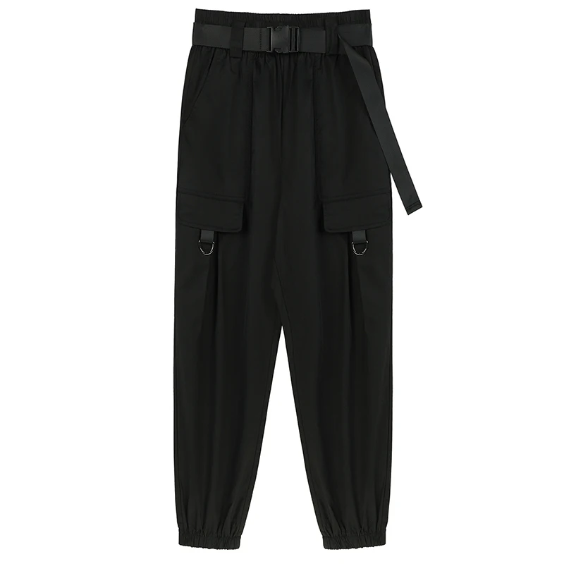 

[EAM] High Elastic Waist White Belt Spliced Long Harem Trousers New Loose Fit Pants Women Fashion Spring Summer 2021 1DD9379