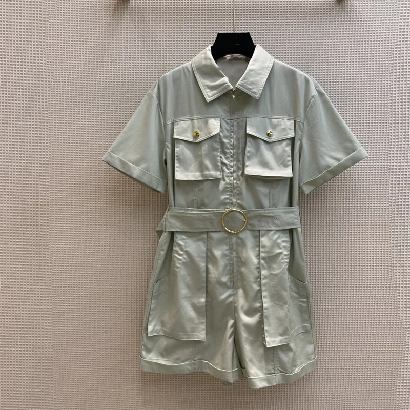 

Women Casual Summer Jumpsuits Two Pockets Zipper up Short Sleeve Female Rompers One Piece Outfit Fashion Bodycon Jumpsuits