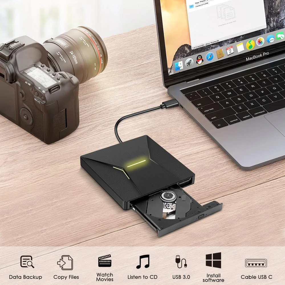 KuWfi USB 3,0 type C Портативный высокоскоростной DVD+/RW горелка с красочный светильник DVD Dirve плеер для Macbook/windows OS компьютера