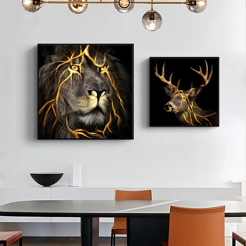 

Abstract Lion Elk with Gold Canvas Painting Nordic Animal Posters and Prints Modern Wall Art Pictures for Living Room Home Decor