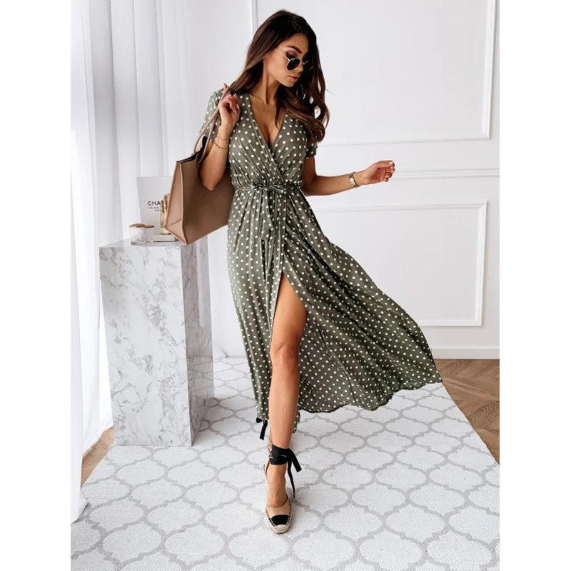 

Summer Polka Dot Sexy Dress Fashion Short Sleeve V-neck Split Long Dress Female Bohemian Beach Long Dress Vestidos New Women