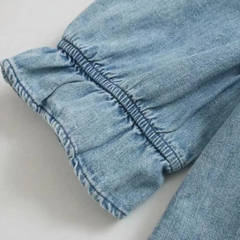 Женская Джинсовая блузка с оборками NSZ синяя пышными рукавами и v образным