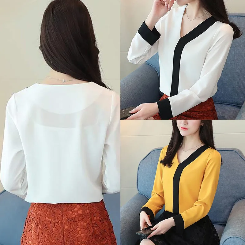 

Women V-neck Blouses Loose Long Sleeve Chiffon Blouse Personality Korean Shirt
