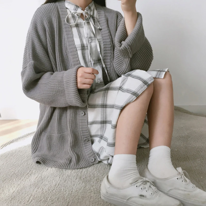 Women Autumn Knitted Cardigan 2019 Breasted Button Casual Loose Sweater Outwear Solid Pink Beige Female Sweaters |