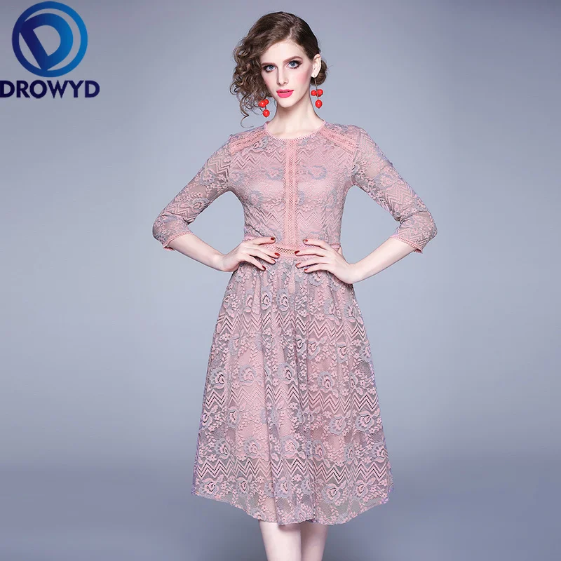 Кружевное платье-миди для женщин Осеннее корейское повседневное розовое модное