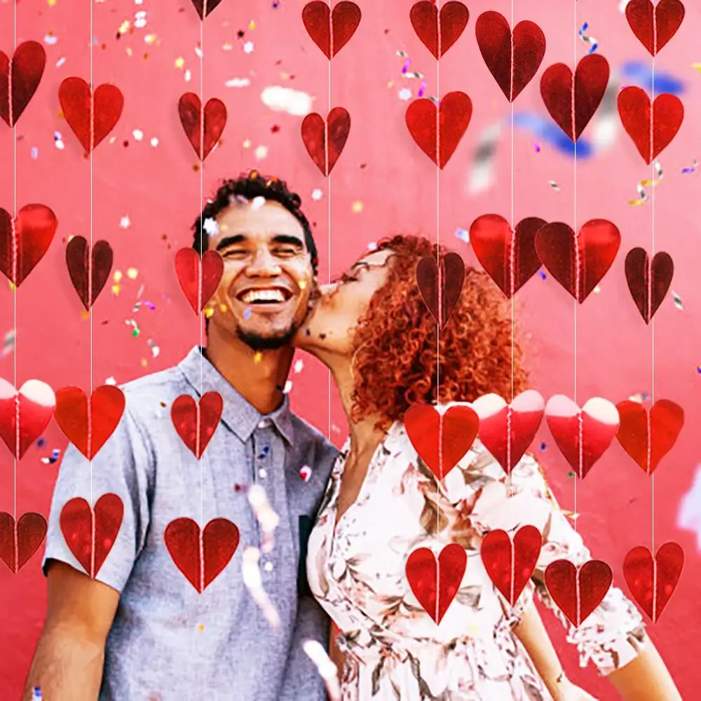 

7pcs Red Hearts Foil Garland Hanging String Decorations for Valentines Day Wedding Bridal Shower Anniversary Birthday Party