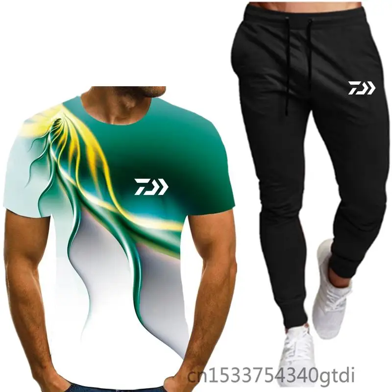 

2021 New Men's Summer Leisure Sets T-Shirt+Pants Two Pieces Tracksuit Male Sportswear Gym Daiwa Brand Clothing Sweat Suit