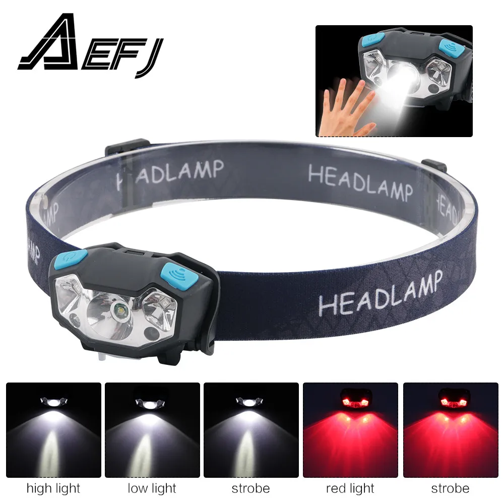 XPE LED Rechargeable Headlamp White Red Finger Induction Headlights Head Light Lamp Torche's Flashlight Built-in Battery