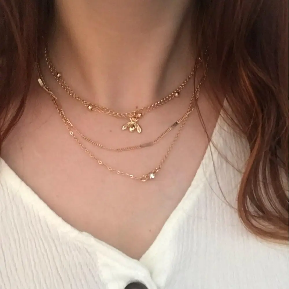 Женское колье с пчелами многослойное украшение золотым покрытием прозрачным