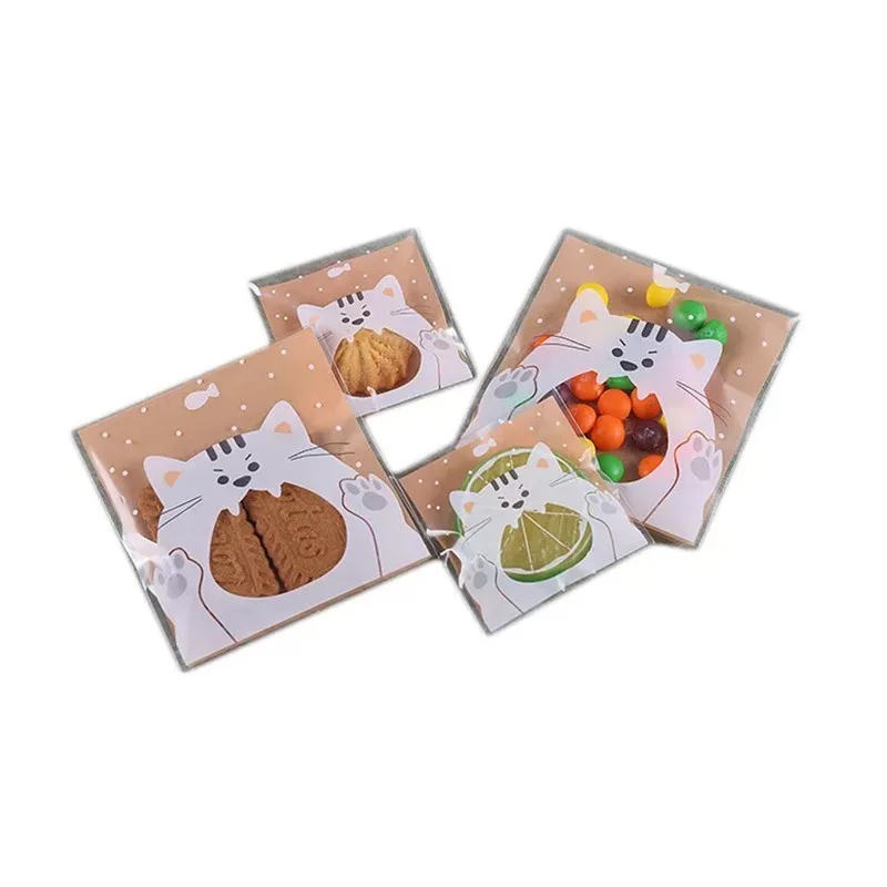 100 шт./лот пластиковые пакеты для упаковки печенья в виде кошачьей рыбы закусок