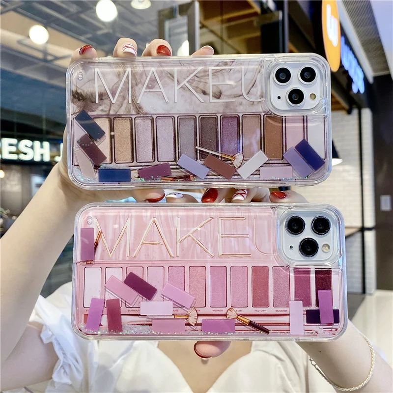 

Eye shadow flat 14 13 12 quicksand case for iPhone 11 pro x max xr 8 7 Plus glitter cosmetic lipstick perfume makeup women cover