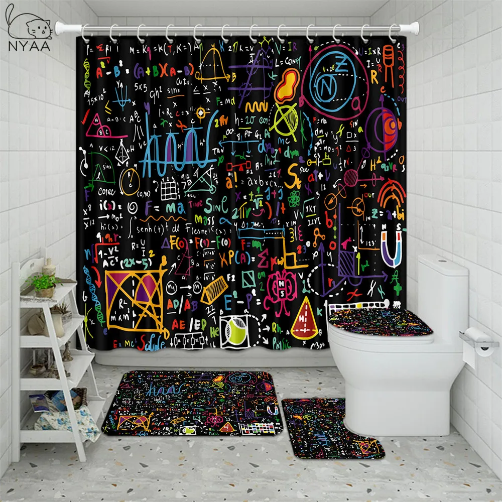Goede 4 Stuks Douchegordijn Geometrische Math Chemie Formule Waterdicht Bad Gordijn Set Wc Cover Mat Antislip Badkamer Tapijt Set