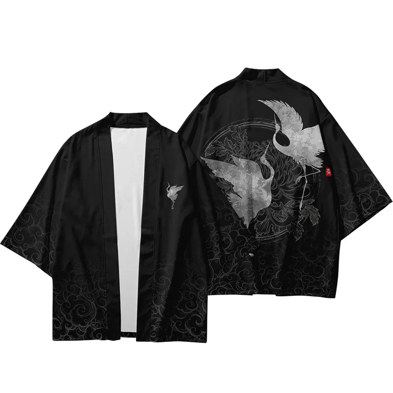 Large Size Kimono Harajuku Print Crane 3d Japanese Cardigan for Men Women Loose Robe 3/4 Sleeves Samurai Costume Streetwear |