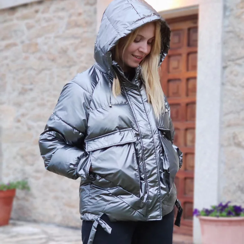 

Winter women short parkas jackets casual female thicken warm hooded jackets coat windprood shiny big pocket jackets coats