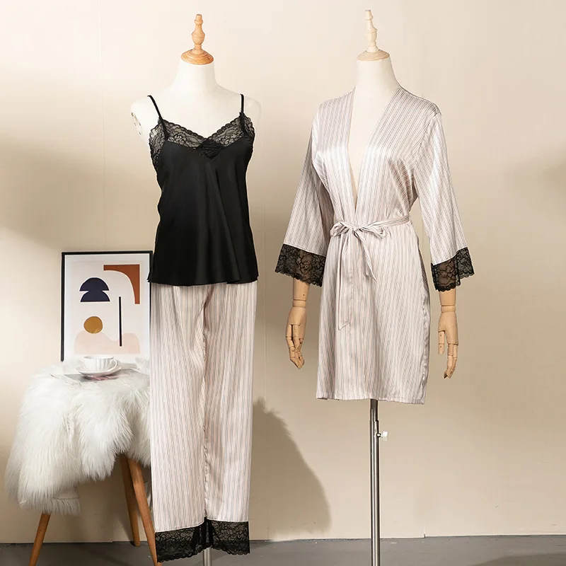 

Striped Pajamas Set Lady Spring Summer Sleepwear Sexy Lace Trim Kimono Bathrobe Gown Pijamas Suit Loose Casual Home Clothes Suit