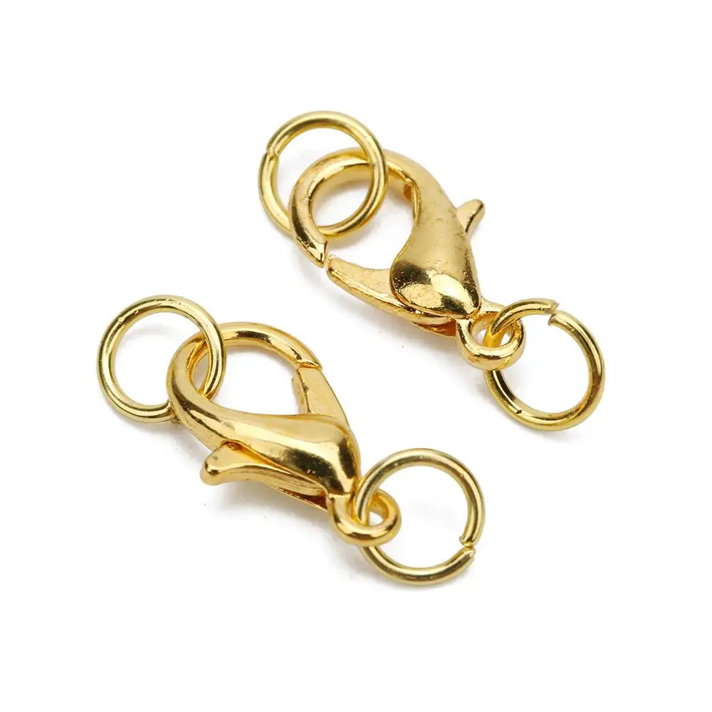 gold 20pcs 10 12 14mm Lobster Clasps Hooks Set Metal Iron Gold Color Jump Rings End Clasps Connectors Necklace Supplies For Jewelry - Цвет: gold