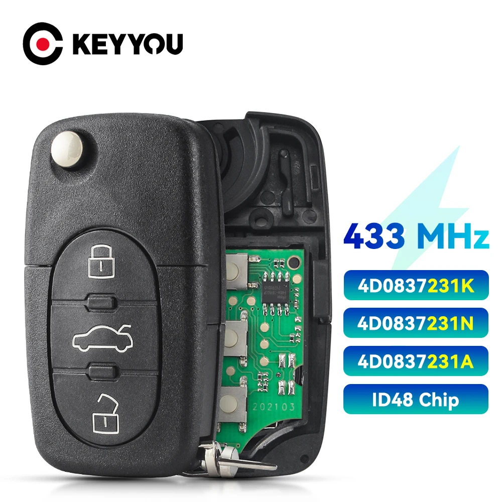 

KEYYOU 4D0837231 A K N Car Remote Flip Key 3 Button For Audi A3 A4 A6 A8 B5 TT RS4 Quattro 1994-2004 433Mhz ID48 Chip HU66 Blade