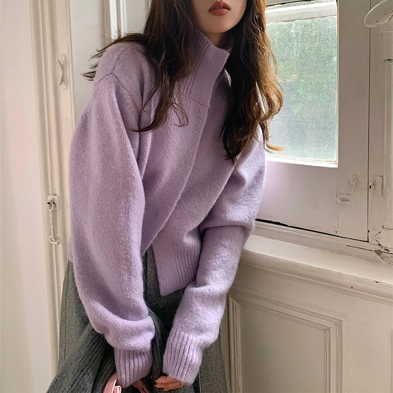 

Limiguyue Turtleneck Knitted Cardigan Women Vintage Wool Mohair Sweater Solid Autumn Winter Jumper Thick Warm Elegant Tops K3719