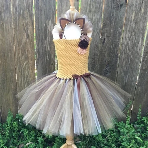 Cute Girls Lion Cartoon Tutu Dress Kids Crochet Tulle Straps with Flowers and Hairbow Children Party Costume Cosplay | Детская одежда и
