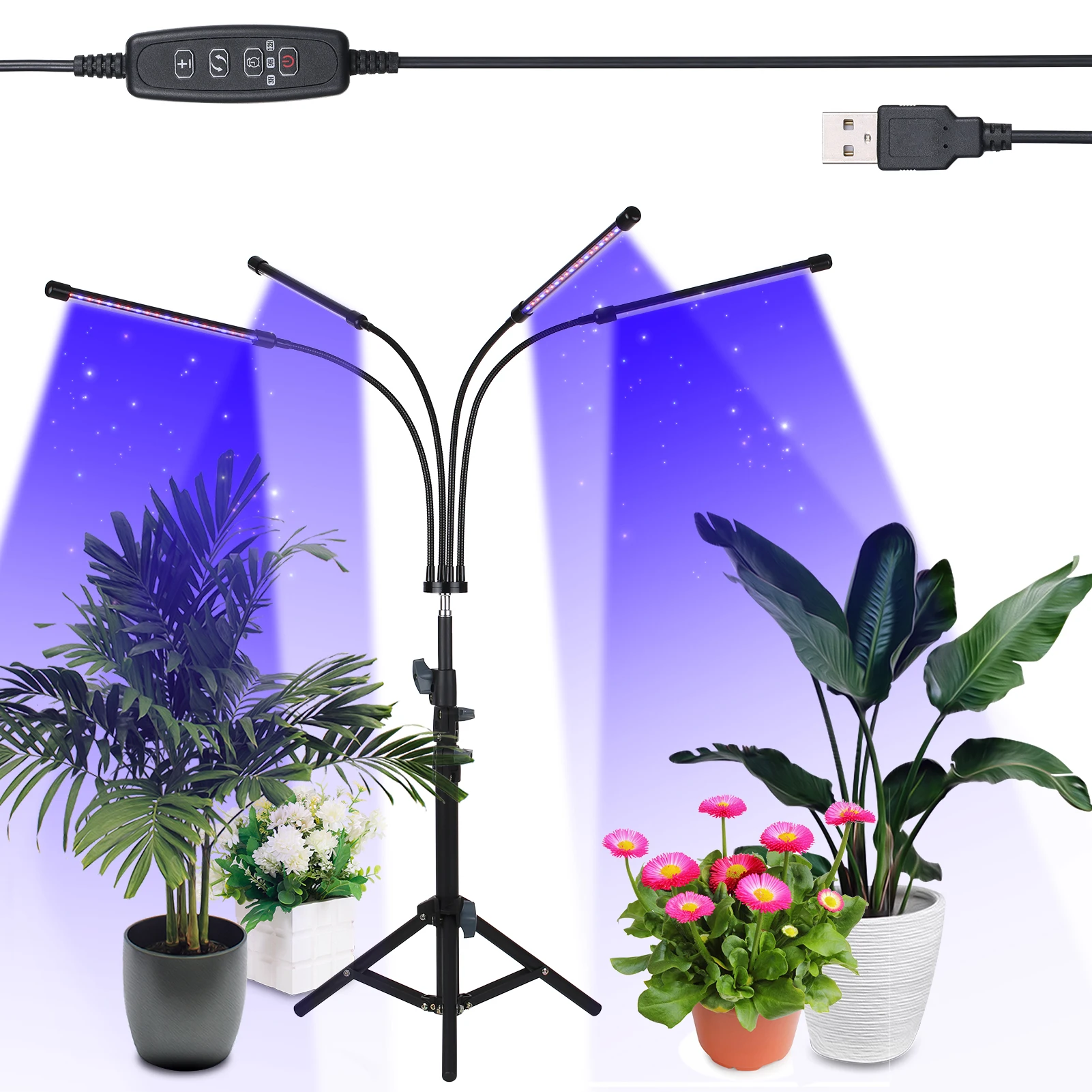 

3-Headed LEDs Grow Light with Adjustable Tripod Stand Full Spectrum Plant Growing Lamp 10 Brightness Levels for Flowering Fruit